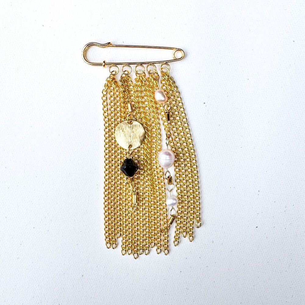 Handmade Gold Chain and Pearl Dangle Brooch Pin